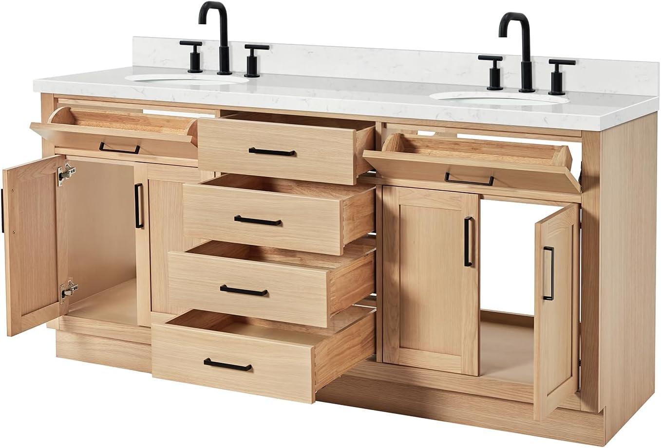 ARIEL Hepburn 72-inch Bathroom Vanity with Sink,Solid Wood, 1.5-inch Carrara White Quartz Countertop & Backsplash, Double Oval Porcelain Sink, 4 Soft Closing Doors, 6 Dovetail Drawers, White Oak