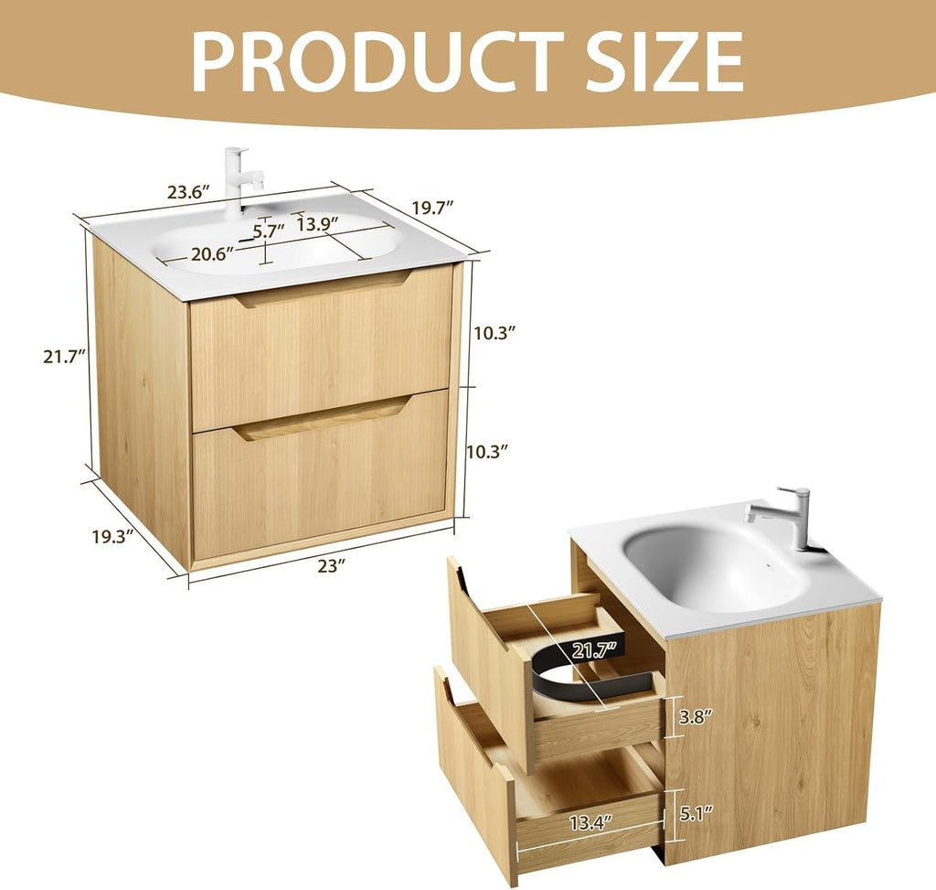 Eleshine 24' Wall Mounted Floating Bathroom Vanity with Sink, 2 Soft-Close Drawers, White Stone Top, Natural Oak Grid Texture, Multi-Layer Solid Wood, Pre-Assembled
