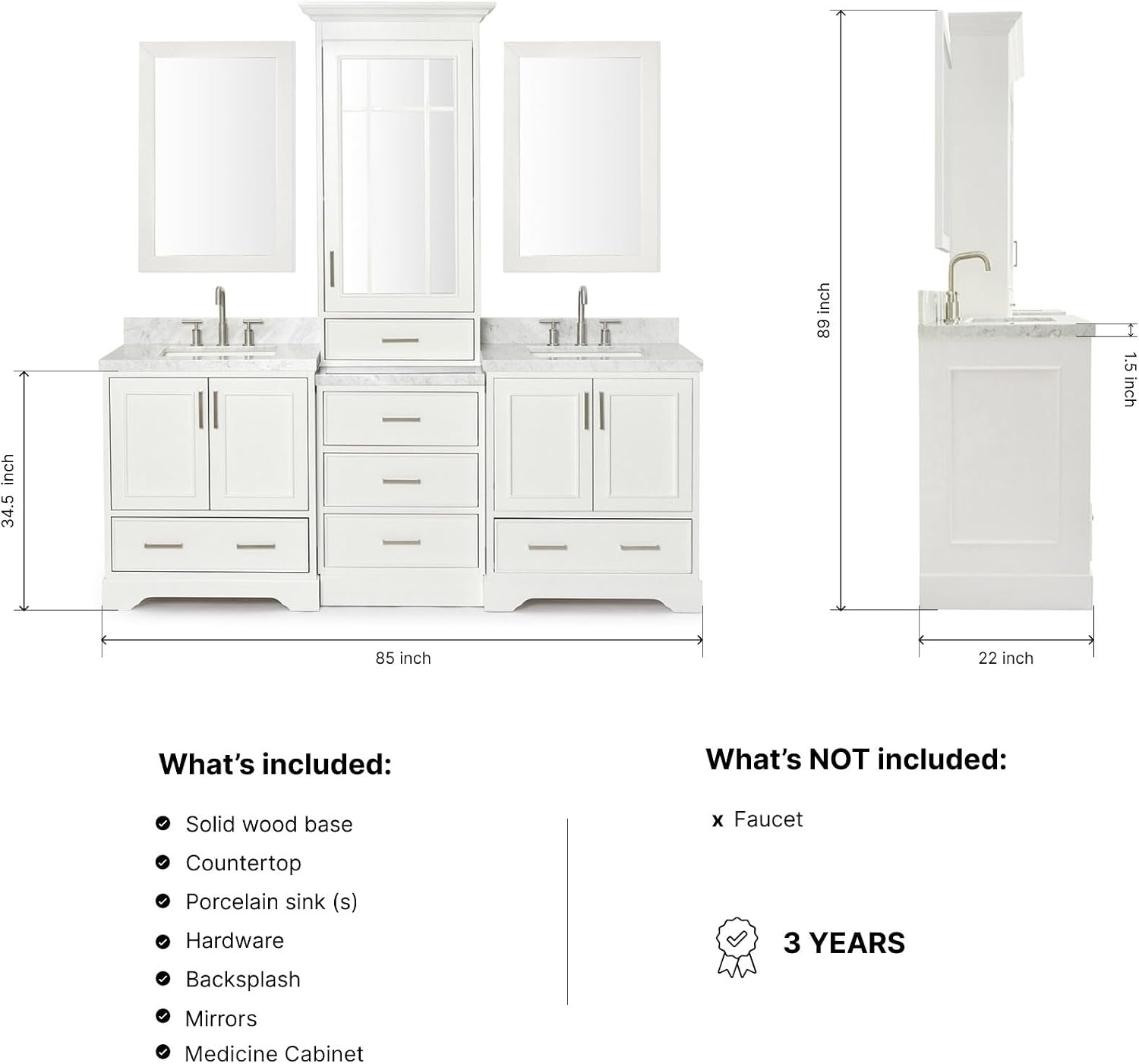 ARIEL Stafford 84-inch Bathroom Vanity with Sink,Solid Wood, 1.5-inch Italian Carrara Marble Countertop, Double Rectangular Porcelain Sink, 5 Soft Closing Doors, 6 Dovetail Drawers, White
