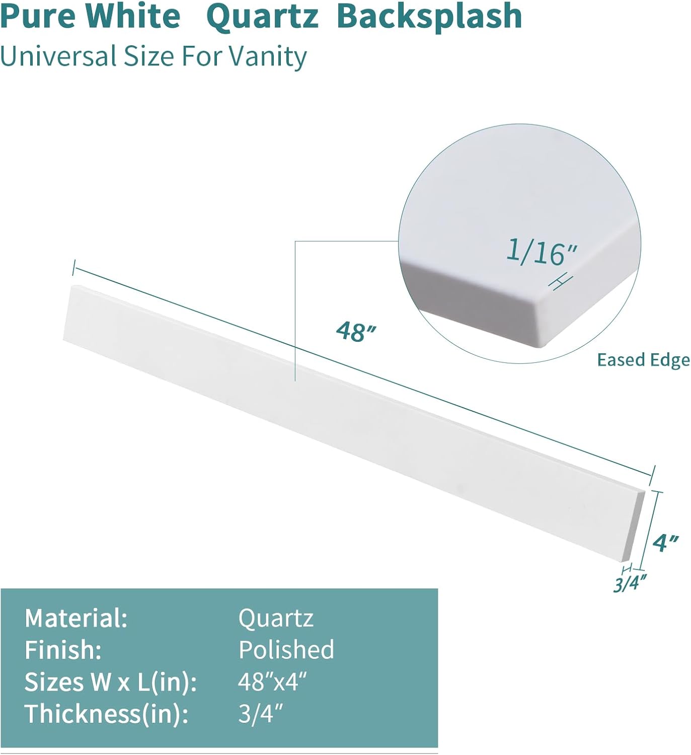 48 Inch Backsplash in Pure White, Quartz Backsplash for Bathroom Vanity Sink Top, 48 in. W x 4 in. H Universal Bathroom Vanity Backsplashes