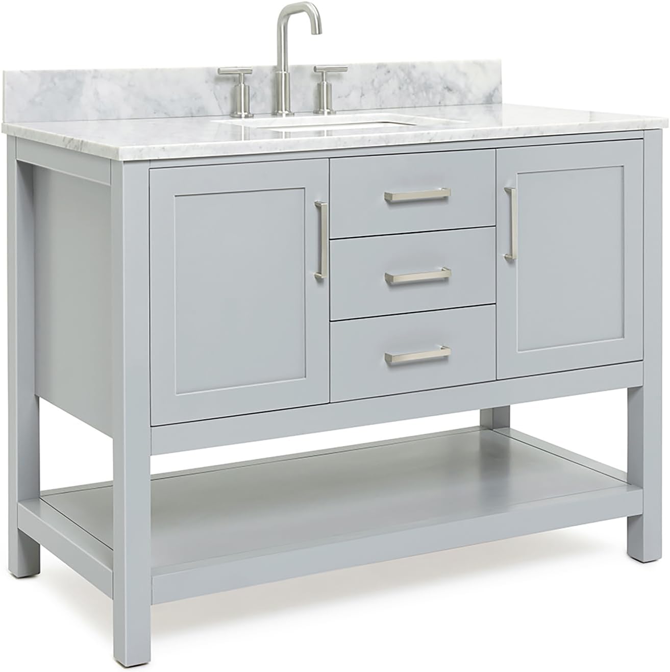 ARIEL Bayhill 48-inch Bathroom Vanity with Sink,Solid Wood, 0.75-inch Italian Carrara Marble Countertop, Single Rectangular Porcelain Sink, 2 Soft Closing Doors, 2 Dovetail Drawers, Grey