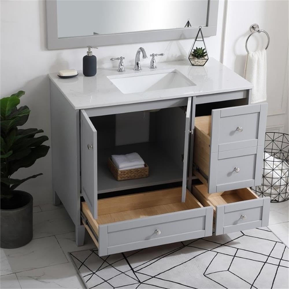 Pemberly Row 42' Traditional Bathroom Vanity, Gray Finish, Quartz Top with Porcelain Undermount Sink, MDF and Rubberwood Construction, Brushed Nickel Hardware, Freestanding Design for Bathroom Use