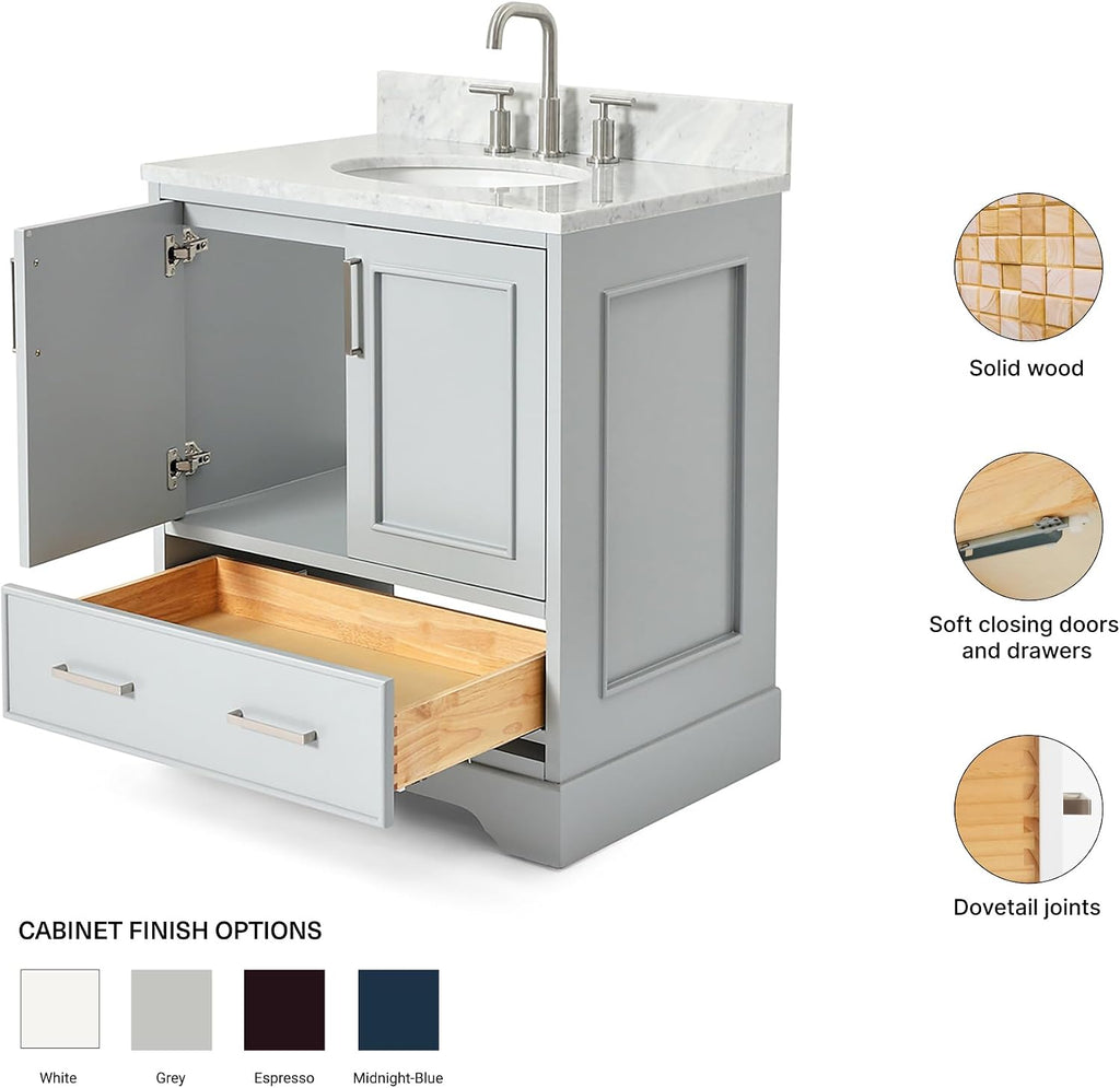 ARIEL Stafford 30-inch Bathroom Vanity with Sink,Solid Wood, 0.75-inch Italian Carrara Marble Countertop & Backsplash, Single Oval Porcelain Sink, 2 Soft Closing Doors, 1 Dovetail Drawers, Grey
