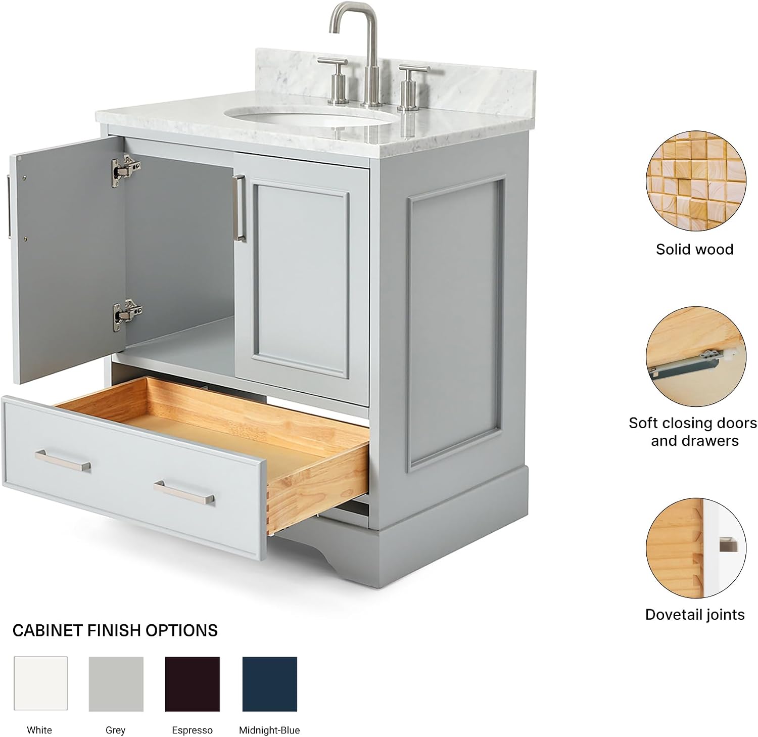 ARIEL Stafford 30-inch Bathroom Vanity with Sink,Solid Wood, 0.75-inch Italian Carrara Marble Countertop & Backsplash, Single Oval Porcelain Sink, 2 Soft Closing Doors, 1 Dovetail Drawers, Grey