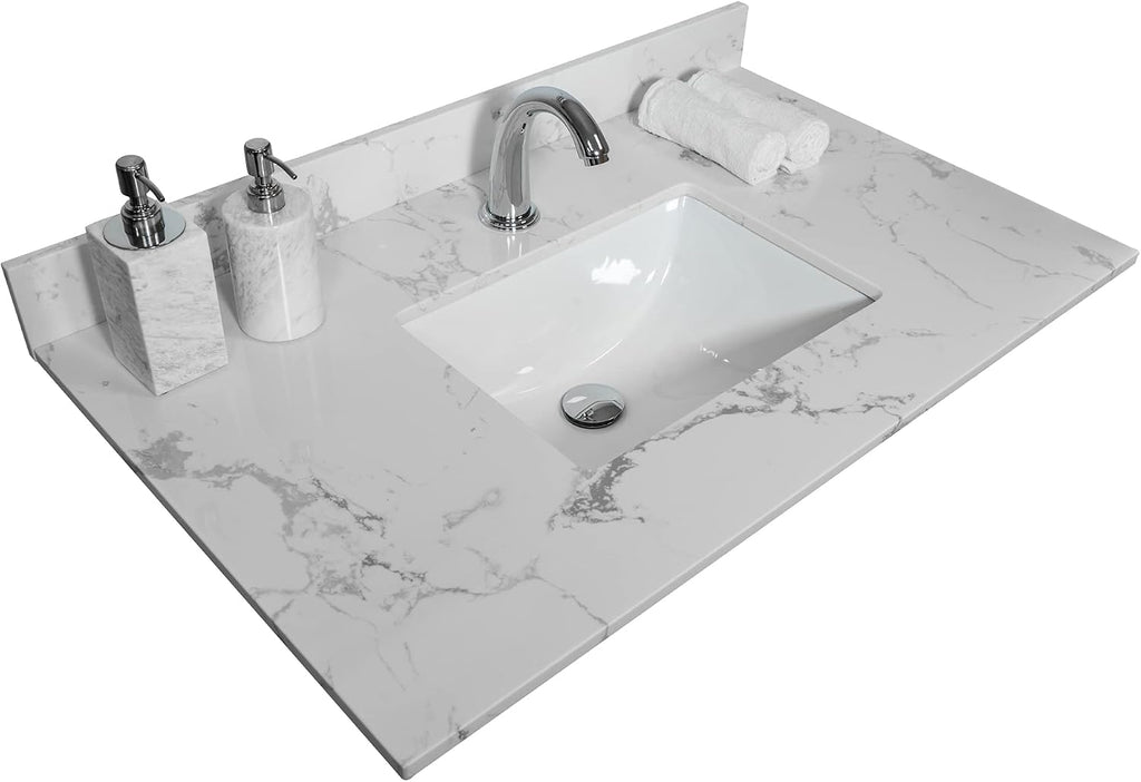 Runboll 37 x 22 inch Vanity Top Artificial Marble Stone Bathroom Vanity Sink Top Double Rectangle Under-mount Ceramic Sink with Single Faucet Holes and 1 Backsplash