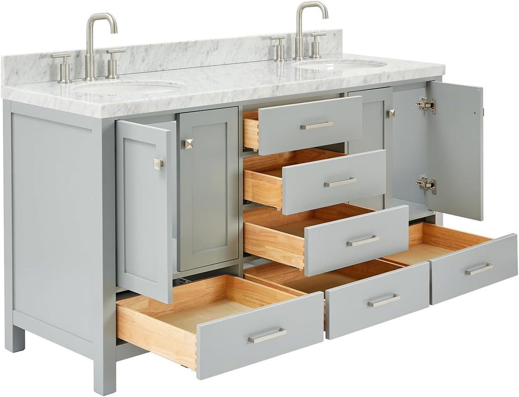 DKB Beckford 66-Inch Grey Double Bathroom Vanity, 1.5-Inch Italian Carrara Marble Countertop & Backsplash, 2 Oval Sinks, 4 Soft Closing Shaker Doors, 6 Dovetail Drawers, Brushed Nickel