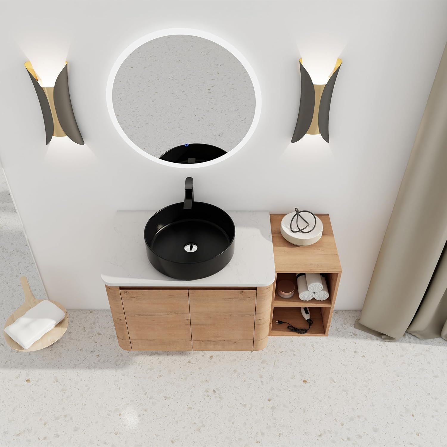 42 Inch Wall-Mounted Bathroom Vanity with Sink Combo Modern Floating Bathroom Vanitites with Round Ceramic Vessel Sink 42' Bathroom Sink Cabinet with Marble Counter Top & 1 Side Storage Shelf