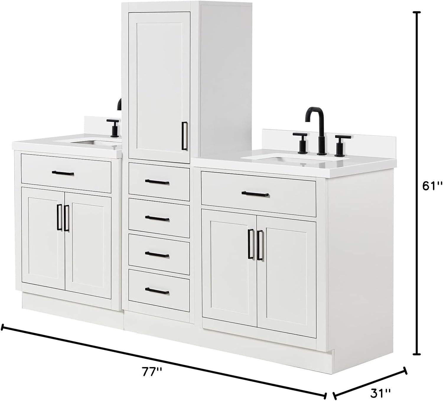ARIEL Hepburn 82 Inch Includes 20 Inch Linen Cabinet and 2 of 31 Inch Single Rectangle Sink Bathroom Vanity with Pure White Quartz Countertop 1.5 Inch in White