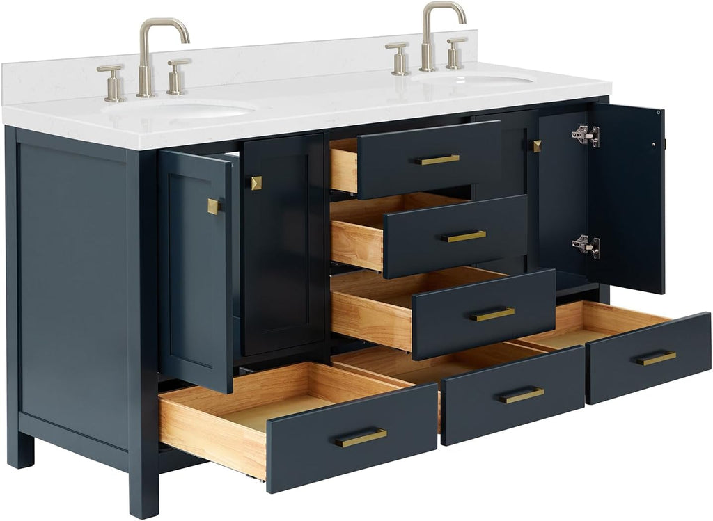 ARIEL Cambridge 66-inch Bathroom Vanity with Sink,Solid Wood, 1.5-inch Carrara White Quartz Countertop, Double Oval Porcelain Sink, 4 Soft Closing Doors, 6 Dovetail Drawers, Midnight Blue