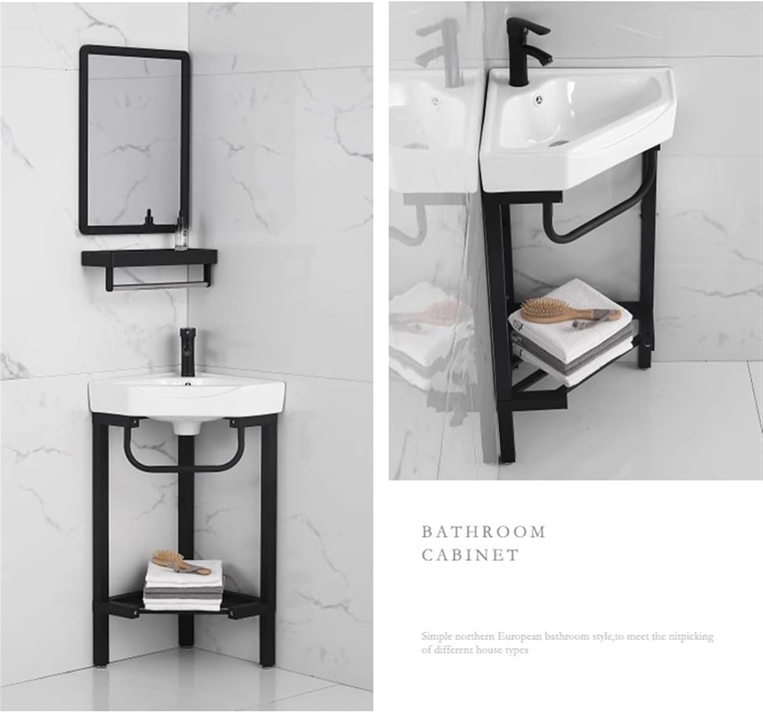 Wash Basin Sink Floor Standing Corner Bathroom Vanity Sink with Stainless Steel Storage Stand, Triangular Ceramic Basin Top Console Sink Freestanding Sink with Faucet & D(C 42CM)