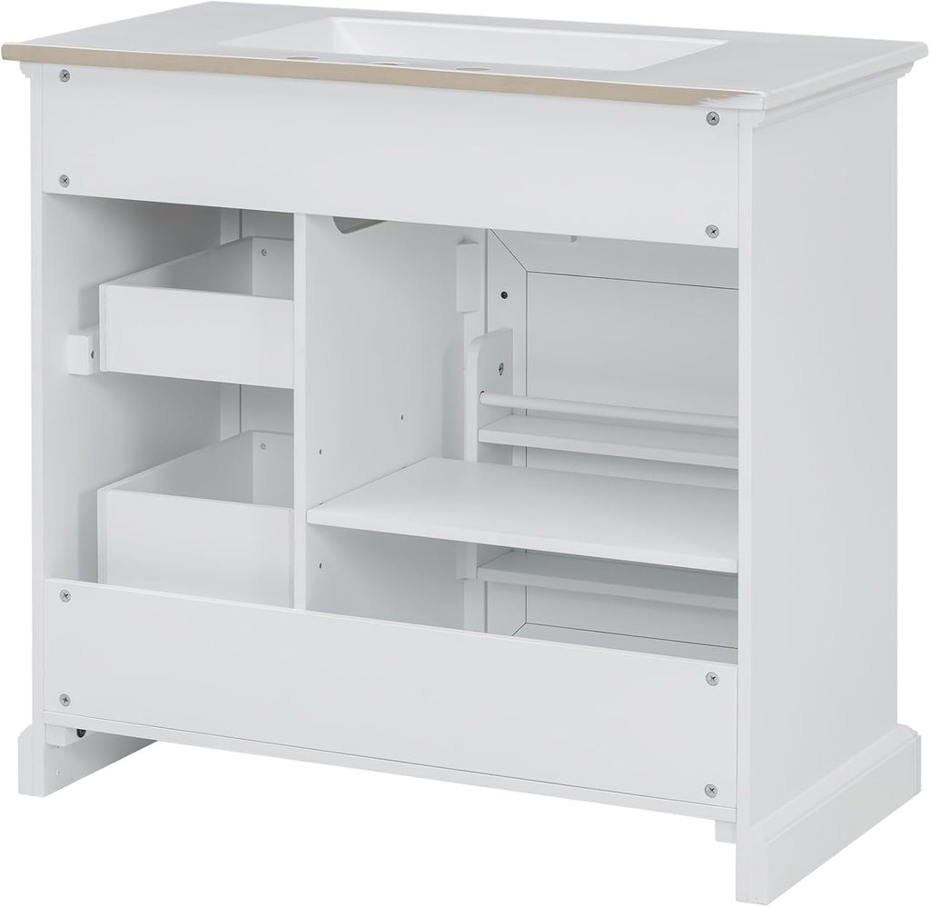 36' Bathroom Vanities Cabinet with Ceramic Sink Set Combo, Tip-Out Drawers, Storage Organizer Door Shelf, Soft-Closing Door, White