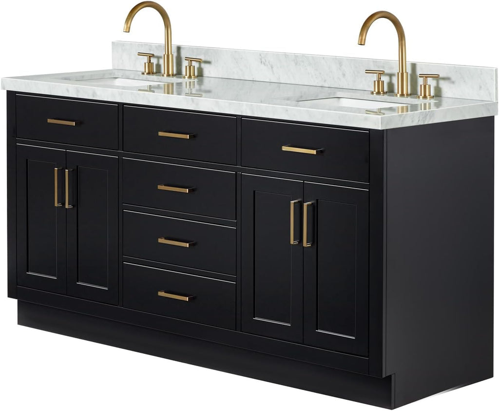 ARIEL Hepburn 66-inch Bathroom Vanity with Sink,Solid Wood, 1.5-inch Italian Carrara Marble Countertop, Double Rectangular Porcelain Sink, 4 Soft Closing Doors, 6 Dovetail Drawers, Black