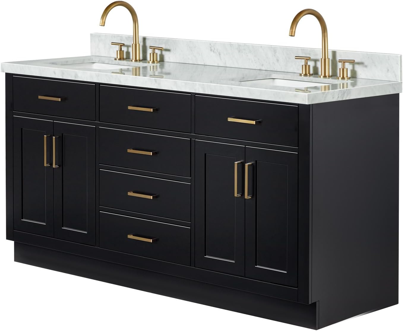 ARIEL Hepburn 66-inch Bathroom Vanity with Sink,Solid Wood, 1.5-inch Italian Carrara Marble Countertop, Double Rectangular Porcelain Sink, 4 Soft Closing Doors, 6 Dovetail Drawers, Black