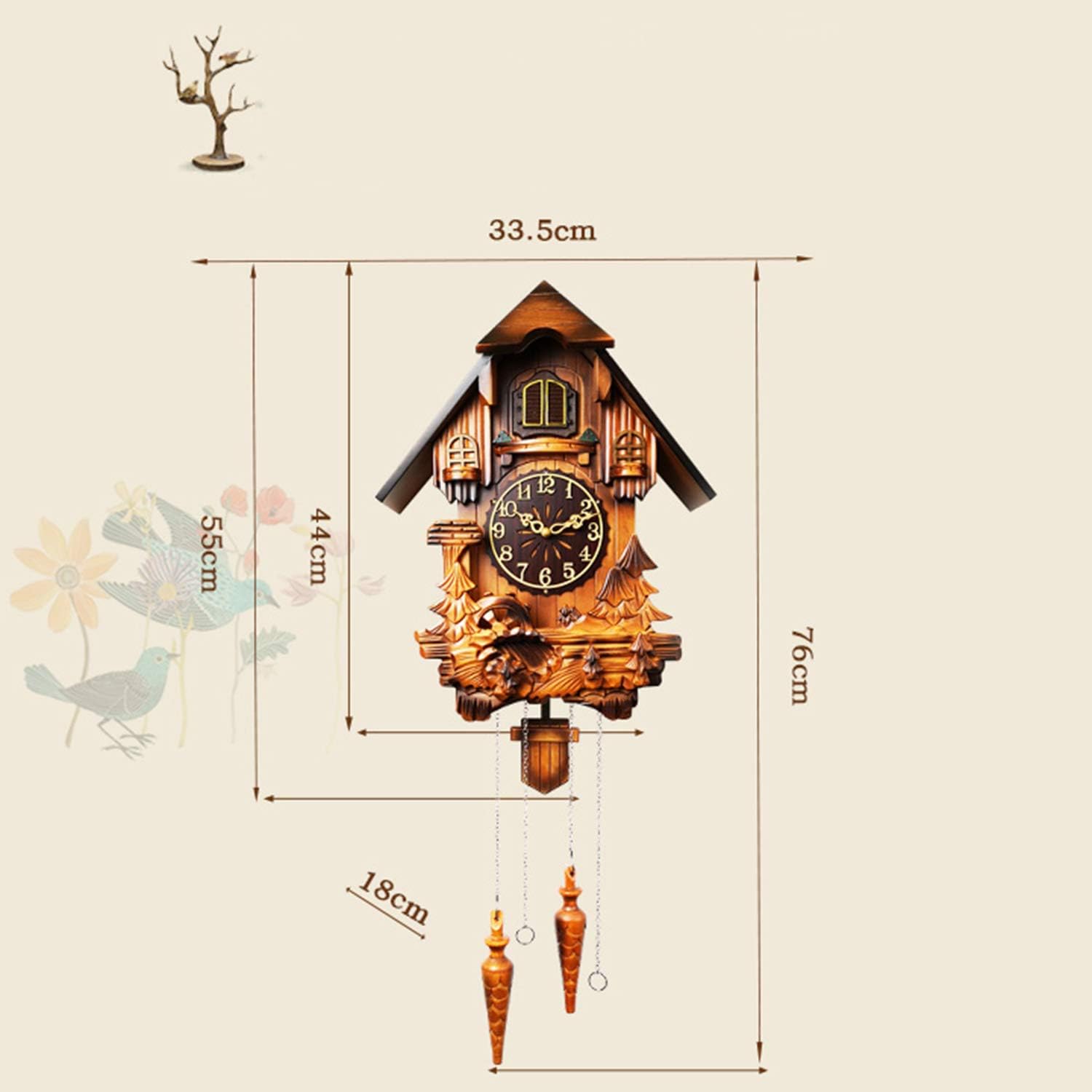Wall Clock, Cuckoo Clock, Wooden Hand-Carved Wall Clock, Classical Silent Clock with Arabic Numerals