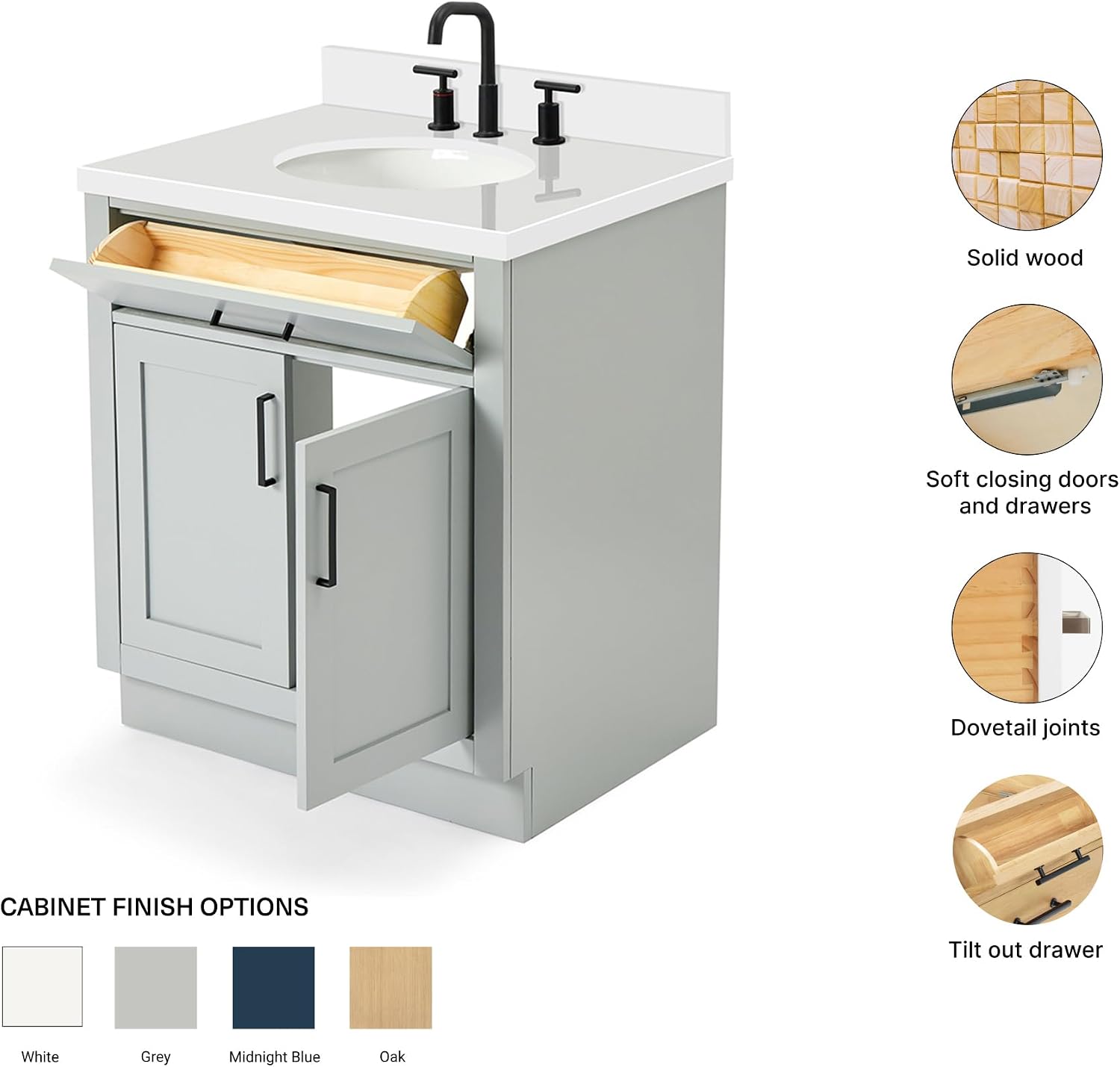 ARIEL Hepburn 30-inch Bathroom Vanity with Sink,Solid Wood, 1.5-inch Pure White Quartz Countertop & Backsplash, Single Oval Porcelain Sink, 2 Soft Closing Doors, 1 Dovetail Drawers, Grey