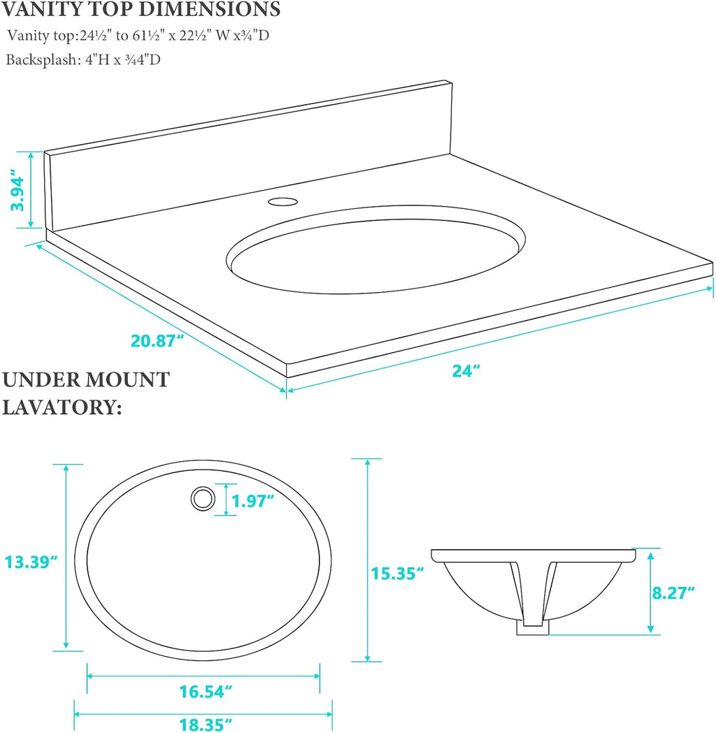 24 in. W x 22 in. D Vanity Top with Round Sink, Engineered Stone Bathroom Sink Top, Single Faucet Hole with One Backsplash Vanity Sink Top, Carrara White Vanity Top with Sink