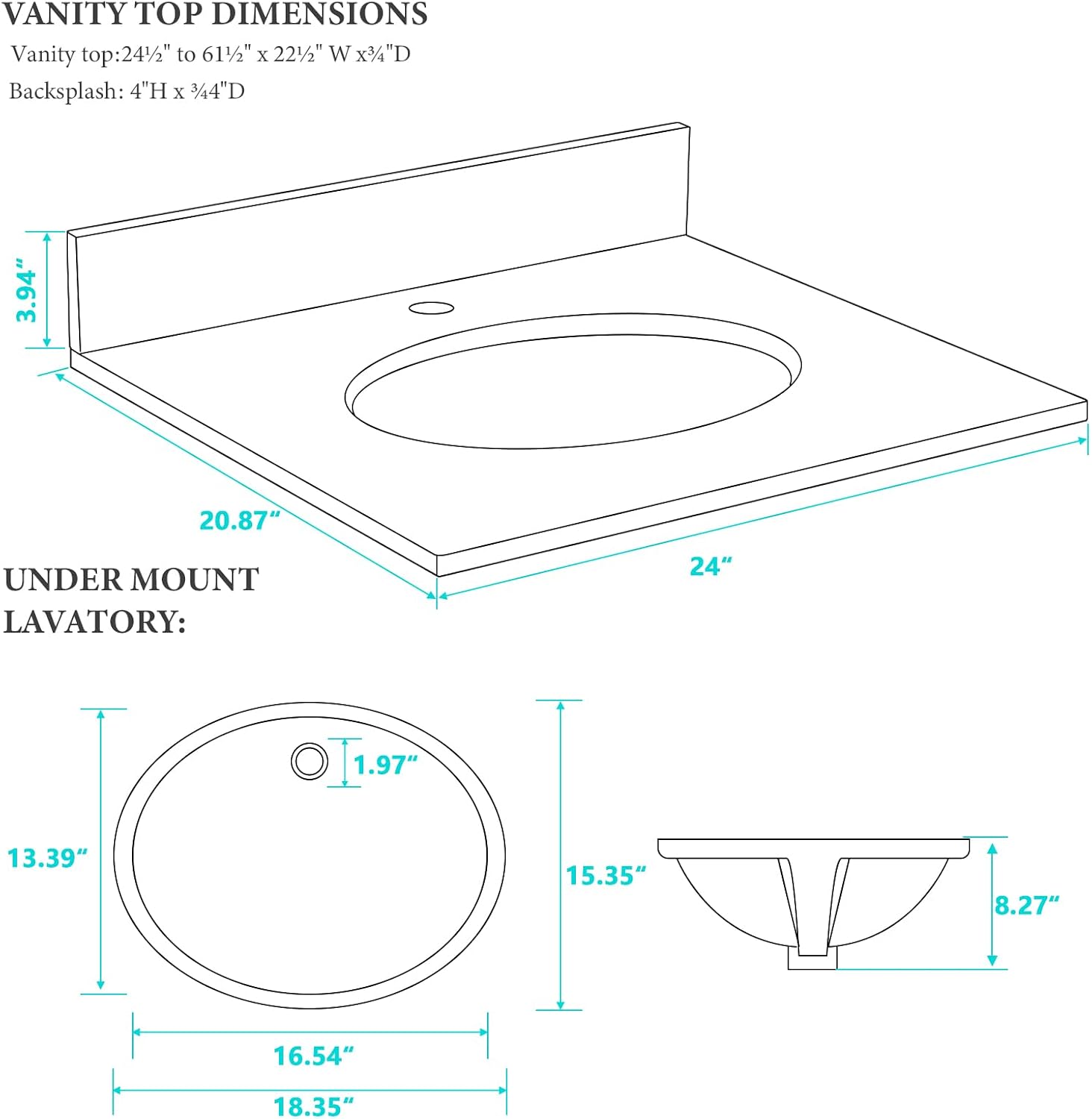 24 in. W x 22 in. D Vanity Top with Round Sink, Engineered Stone Bathroom Sink Top, Single Faucet Hole with One Backsplash Vanity Sink Top, Carrara White Vanity Top with Sink