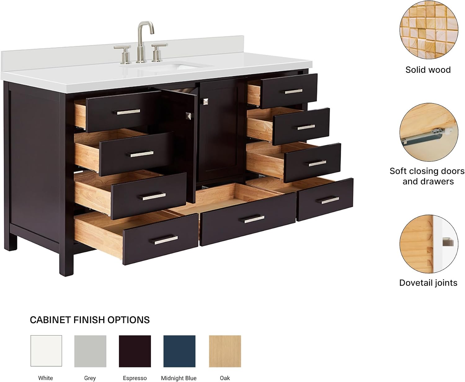 ARIEL Cambridge 66-inch Bathroom Vanity with Sink,Solid Wood, 1.5-inch Pure White Quartz Countertop, Single Rectangular Porcelain Sink, 2 Soft Closing Doors, 9 Dovetail Drawers, Espresso