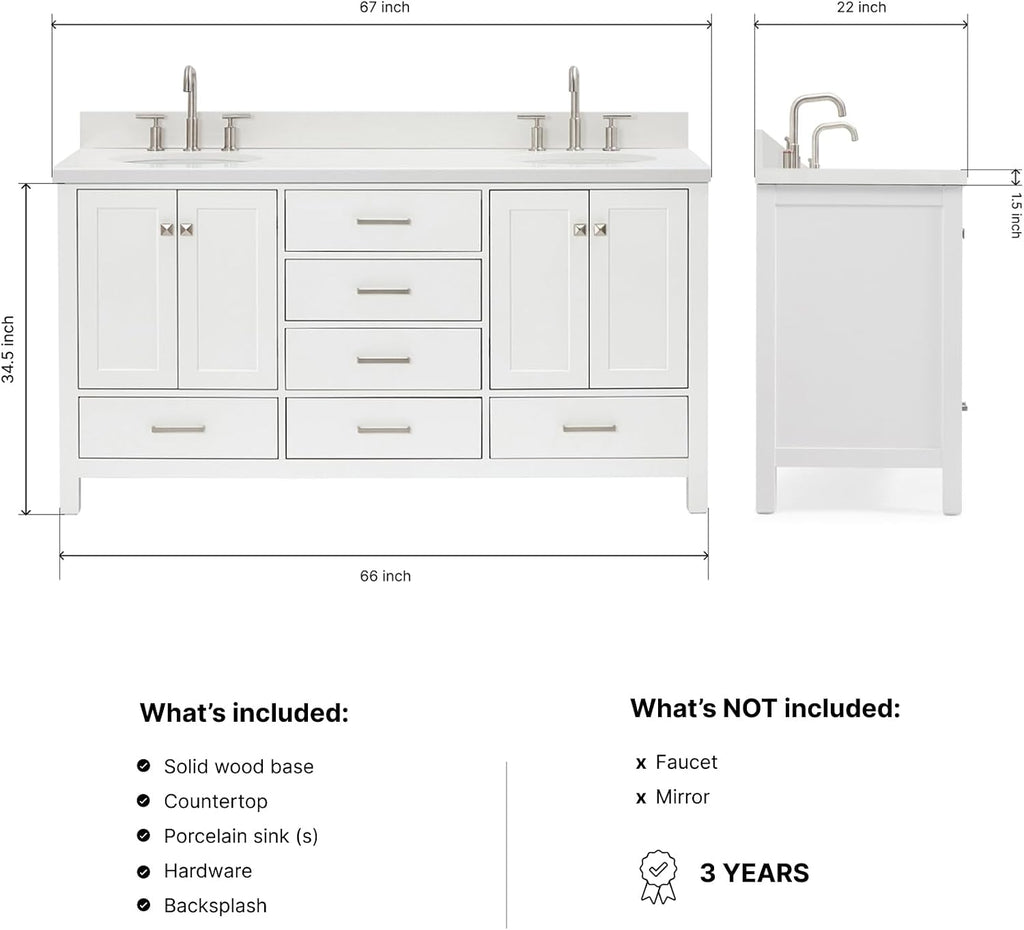 DKB Beckford 66-Inch White Double Bathroom Vanity with 1.5-Inch Pure White Quartz Countertop & Backsplash, Oval Sinks, 4 Soft Closing Doors, 6 Full Extension Dovetail Drawers, Brushed Nickel