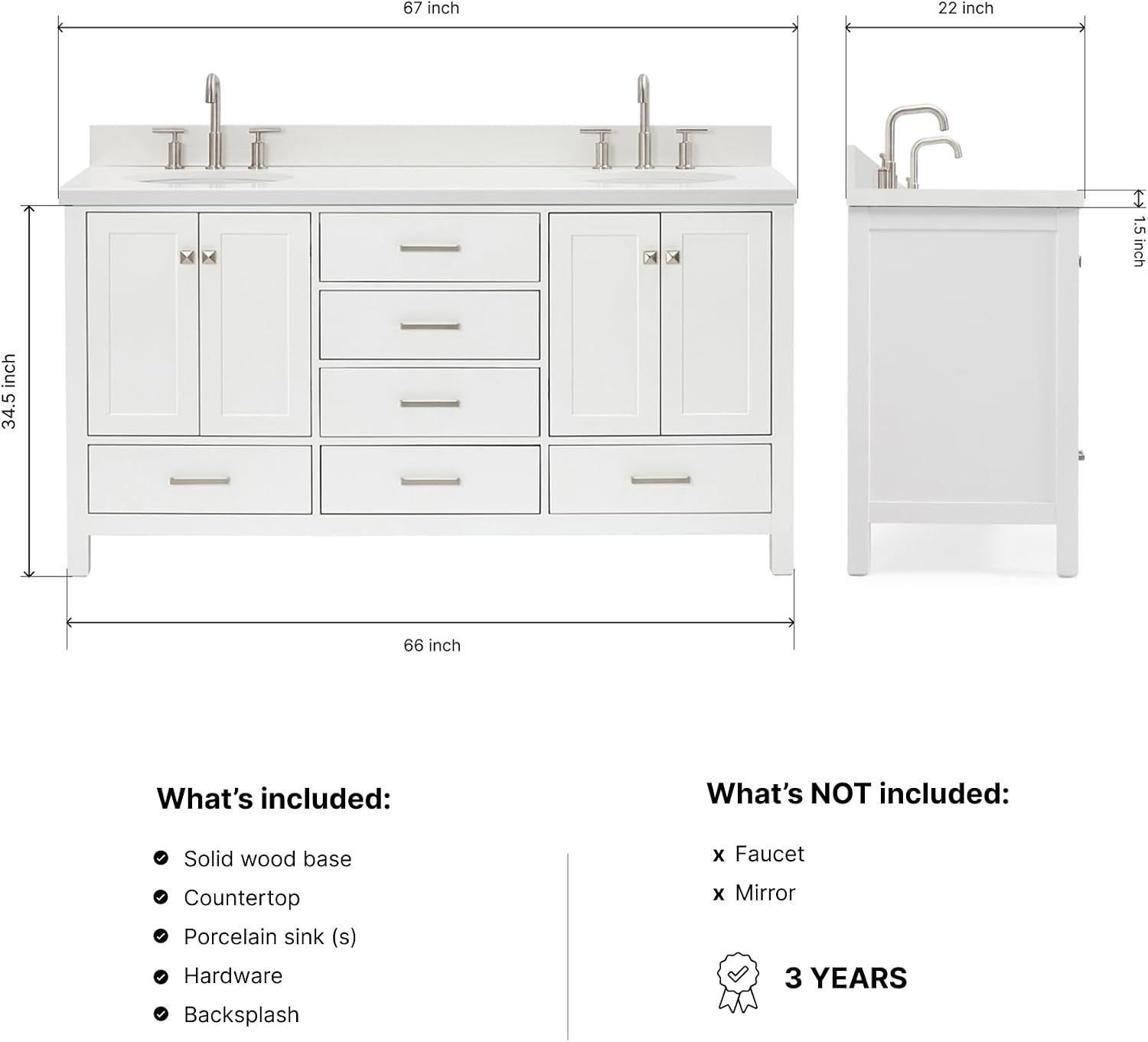 DKB Beckford 66-Inch White Double Bathroom Vanity with 1.5-Inch Pure White Quartz Countertop & Backsplash, Oval Sinks, 4 Soft Closing Doors, 6 Full Extension Dovetail Drawers, Brushed Nickel