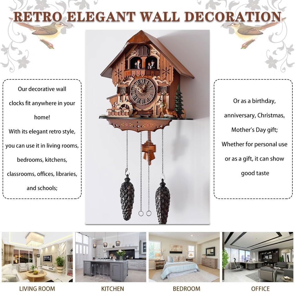 Cuckoo Clocks Wall Clocks Farmhouse European Hand-Carved Cuckoo Clock, Living Room Wall Decoration, Wall Clocks Battery Operated, Report Punctually, 3D Realistic Scenes, Roman numerals, Brown
