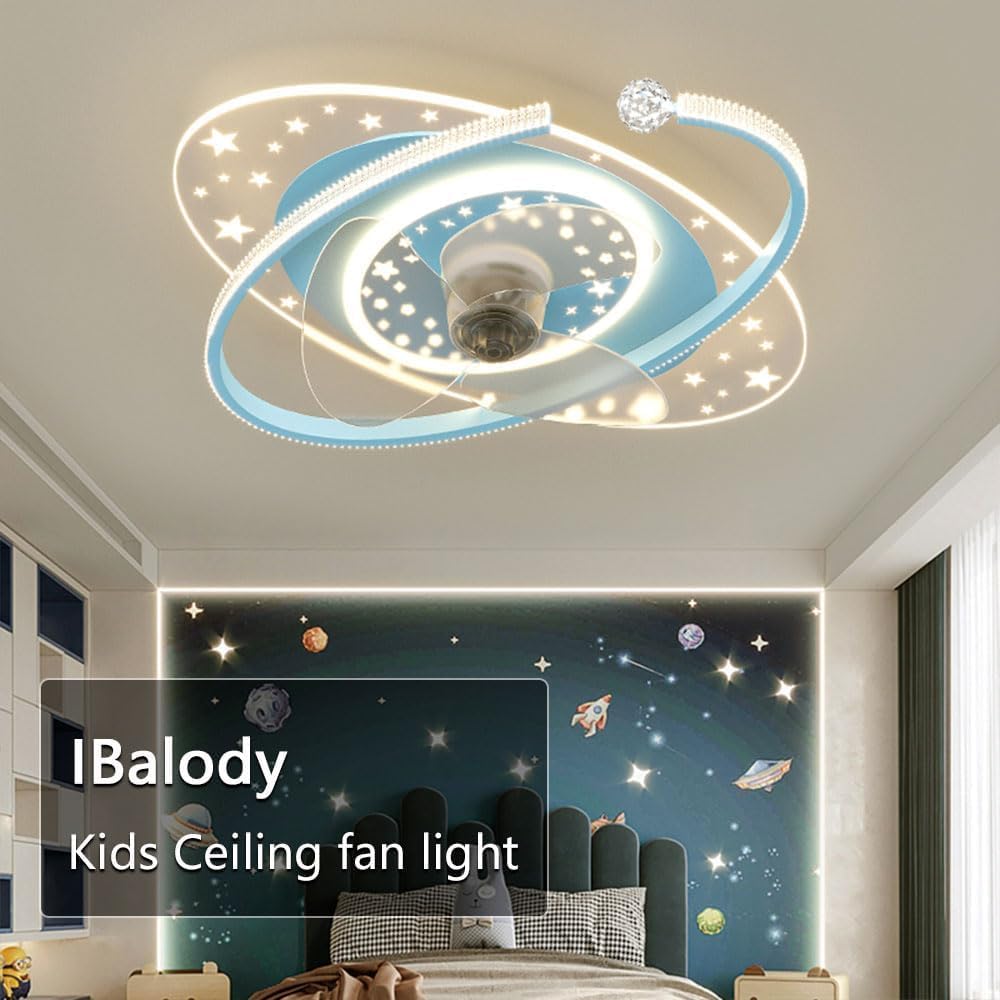 Indoor Blue Ceiling Fans with Lights Remote Dimmable 48W LED Ceiling Lights with Fan 6 Speeds Low Profile Ceiling Fan with Light for Boys Room Bedroom Kids Room