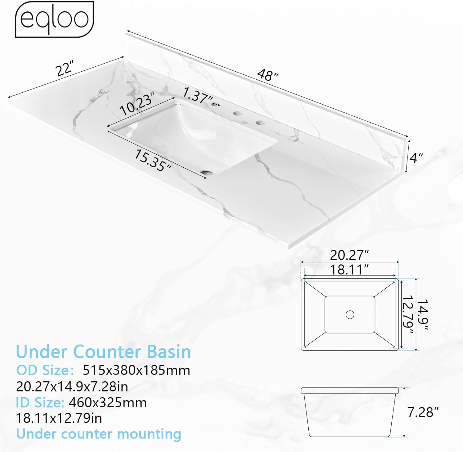 48 in. W x 22 in D Quartz Vanity Top in Calacatta Rocky, Vanity Sink Top with Assembled Single Drop-in Sink, Pre-Drilled Widespread Faucet Holes Countertop with 4' H Backsplash