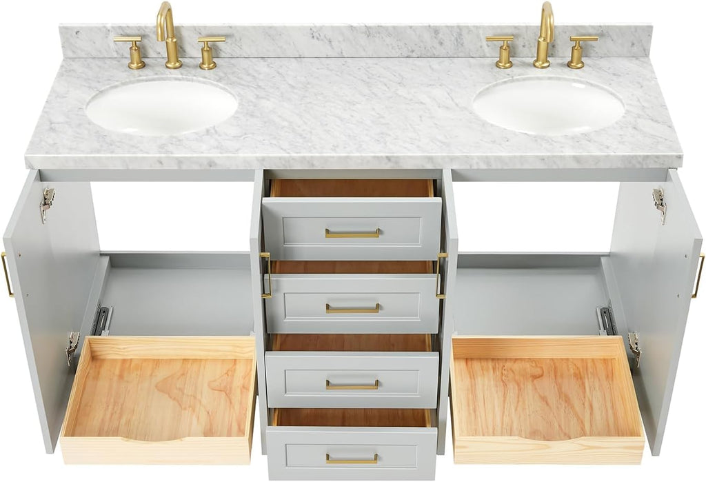 ARIEL Taylor 66-inch Bathroom Vanity with Sink,Solid Wood, 1.5-inch Italian Carrara Marble Countertop & Backsplash, Double Oval Porcelain Sink, 4 Soft Closing Doors, 5 Dovetail Drawers, Grey