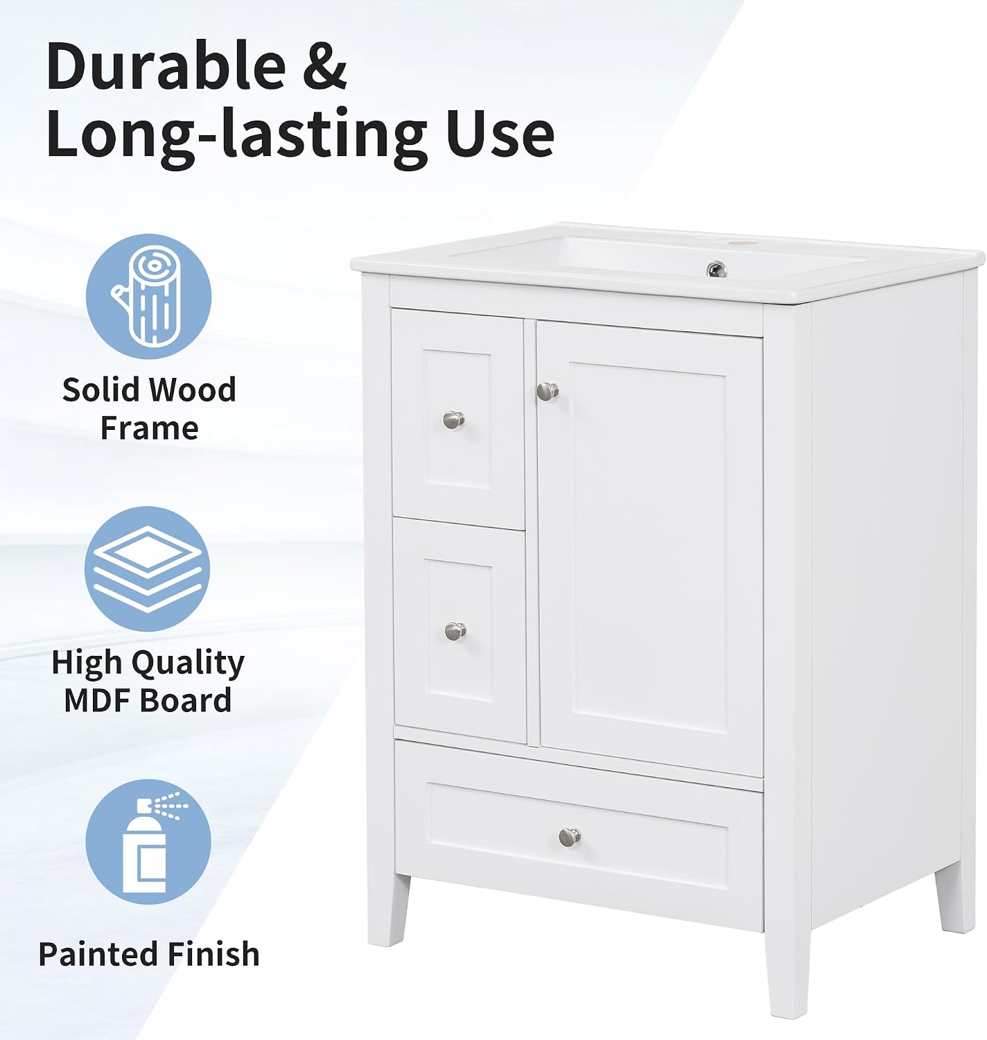 24' Bathroom Vanities with Undermount Ceramic Sink, Multi-Functional Storage Cabinet with Three Drawers and Adjustable Shelf, Soft-Closing Door, Solid Wood Legs, White