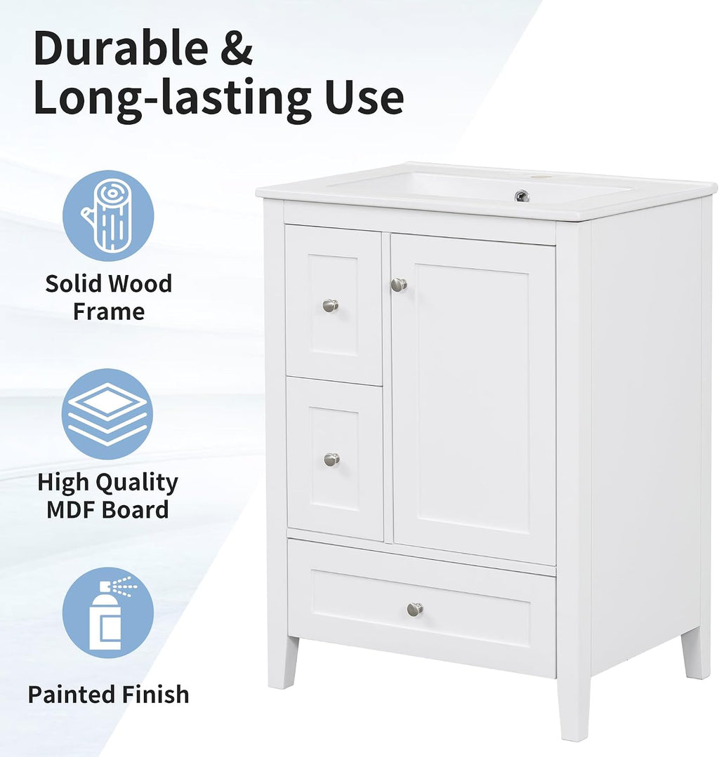 Harper & Bright Designs 24' Bathroom Vanity with Sink, Free Standing Vanity Set with 2 Drawers, Removable Dividers, and Adjustable Shelf, Wood Bathroom Cabinet with Ceramic Basin for Bathroom, White