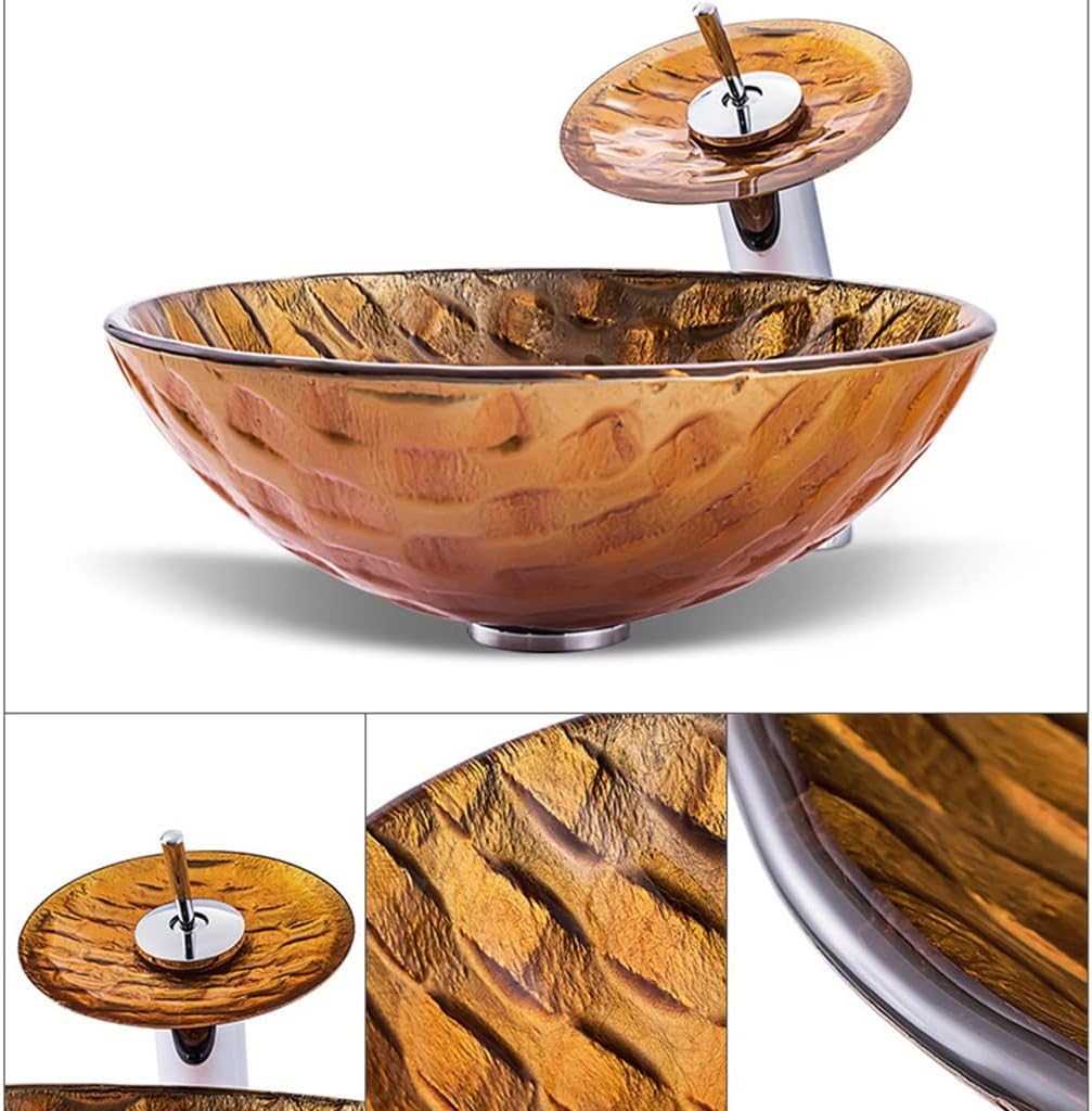 MBROS Tempered Glass Bathroom Vanity Sinks Orange Round Shape Artistic Vessel Sink Counter Top Installation with Waterfall Chrome Faucet Combo and Pop Up Sink Drain (Color : Orange, Size : 42x42x1