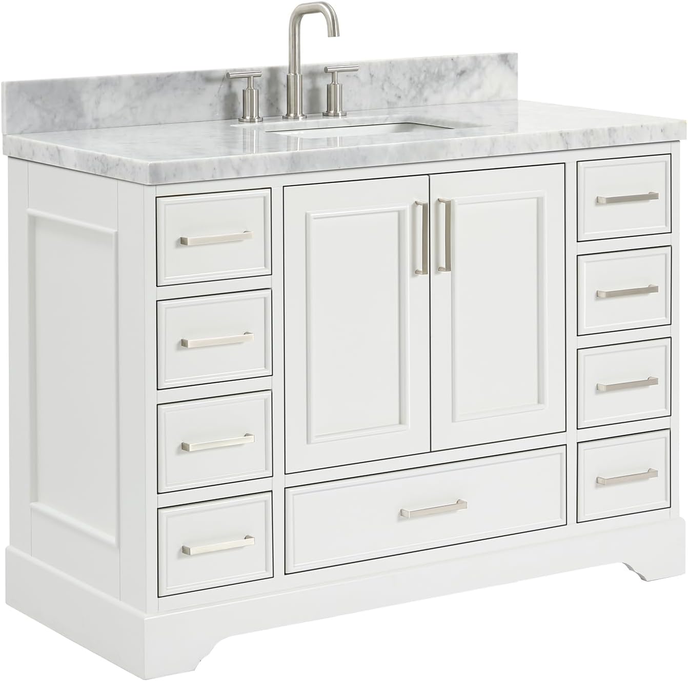 ARIEL Stafford 48-inch Bathroom Vanity with Sink,Solid Wood, 1.5-inch Italian Carrara Marble Countertop, Single Rectangular Porcelain Sink, 2 Soft Closing Doors, 9 Dovetail Drawers, White