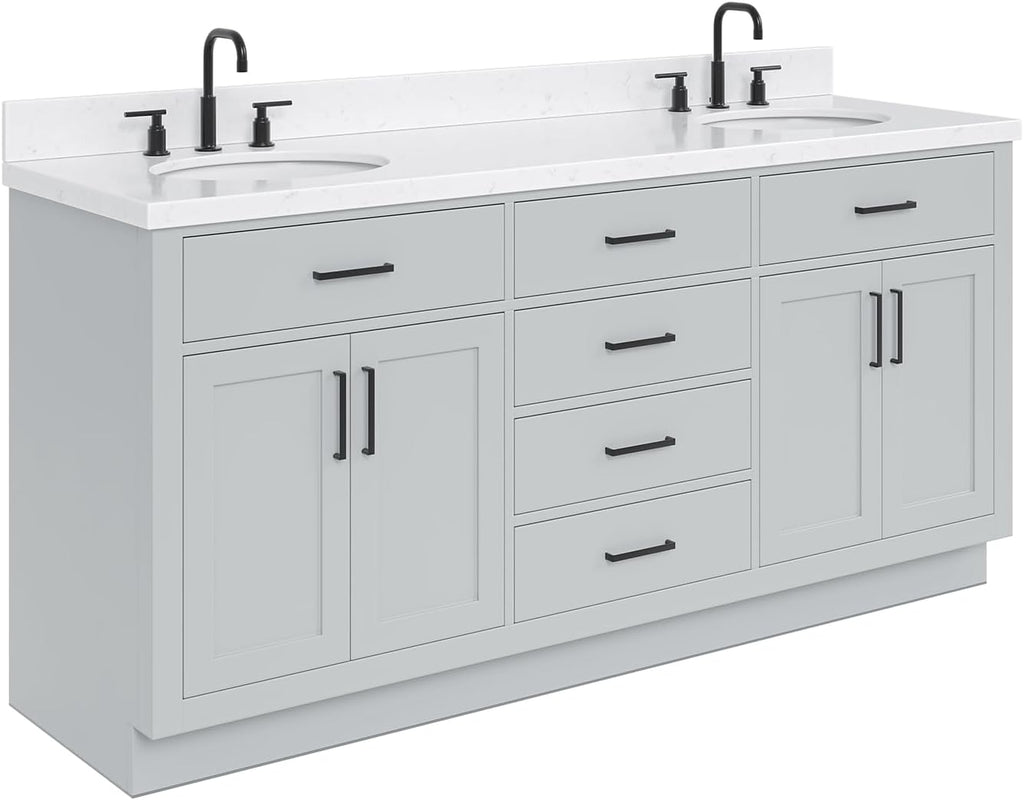 ARIEL Hepburn 72-inch Bathroom Vanity with Sink,Solid Wood, 1.5-inch Carrara White Quartz Countertop & Backsplash, Double Oval Porcelain Sink, 4 Soft Closing Doors, 6 Dovetail Drawers, Grey