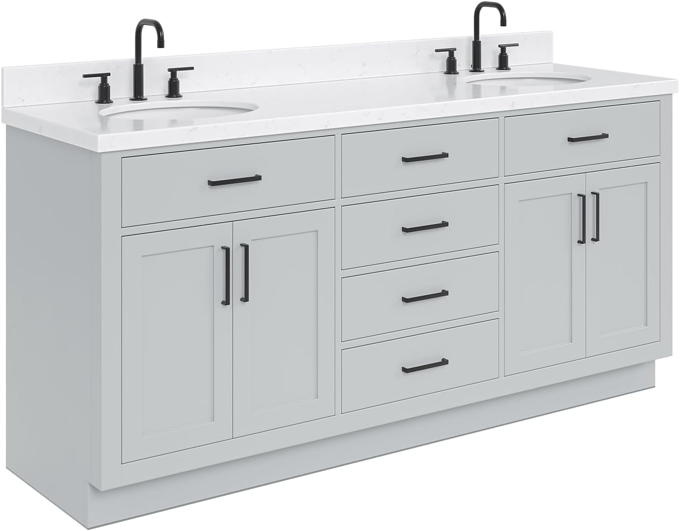 ARIEL Hepburn 72-inch Bathroom Vanity with Sink,Solid Wood, 1.5-inch Carrara White Quartz Countertop & Backsplash, Double Oval Porcelain Sink, 4 Soft Closing Doors, 6 Dovetail Drawers, Grey