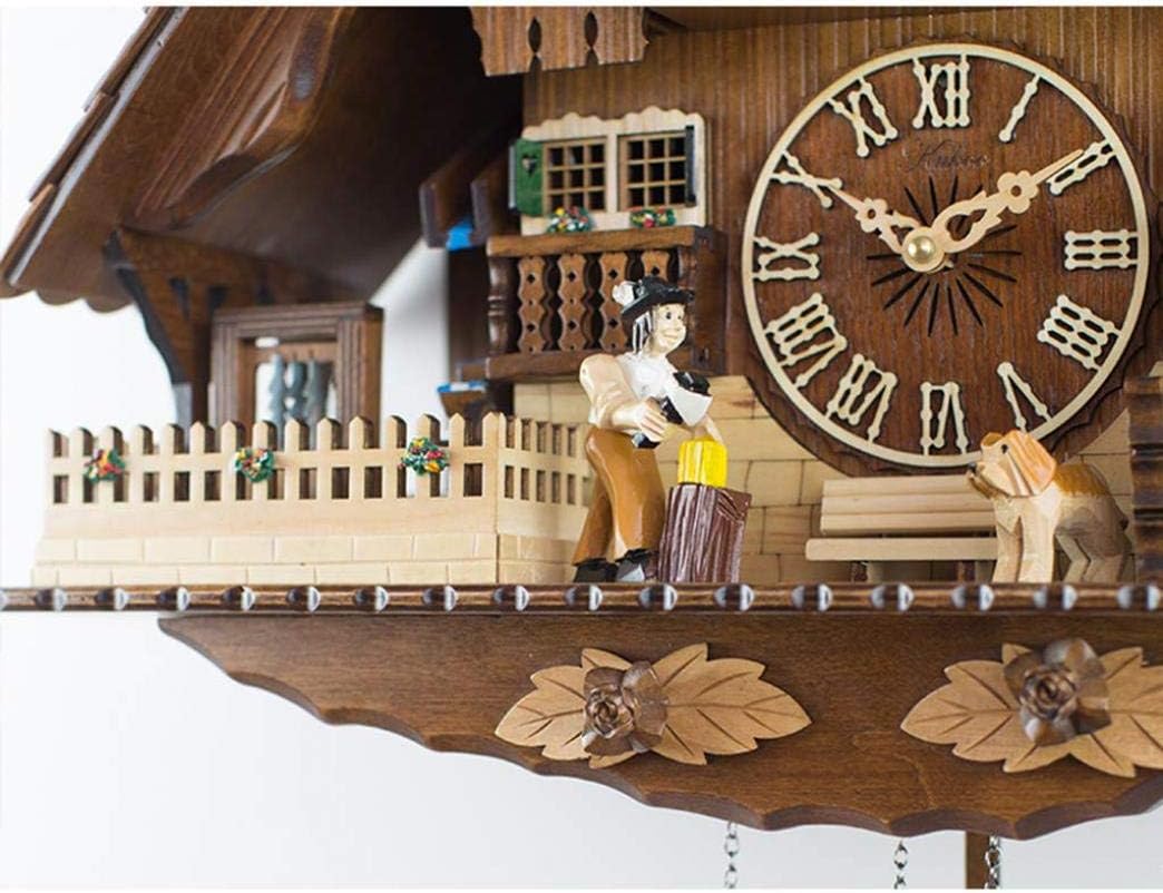 Cuckoo Clock Solid Wood Hand Carved Villa with Music and Rotating Doll, Quartz Wooden Wall Clock with Adjustable Volume and Night Sensor for Home and Office