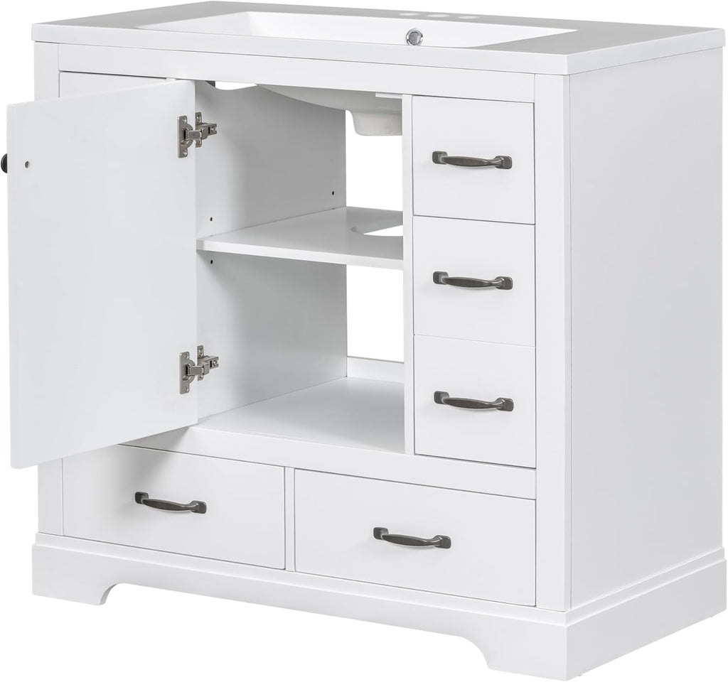 36' Bathroom Vanity with Sink, Harper & Bright Designs Free Standing Single Basin Vanity Set with 6 Drawers & One Cabinet with Adjustable Shelf, Bathroom Cabinet with Ceramic Basin for Bathroom, White