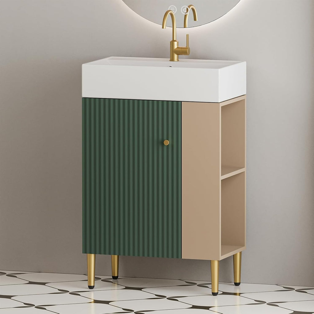 21.6 Inch Bathroom Vanity with Sink, Vanities with Square Ceramic Sink Top and Right Side Storage, Combo Stand Storage Cabinet Set for Small Bathroom (Green)