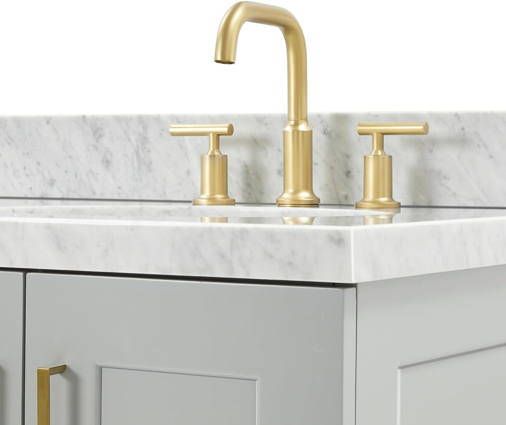 ARIEL Taylor 66-inch Bathroom Vanity with Sink,Solid Wood, 1.5-inch Italian Carrara Marble Countertop & Backsplash, Double Oval Porcelain Sink, 4 Soft Closing Doors, 5 Dovetail Drawers, Grey