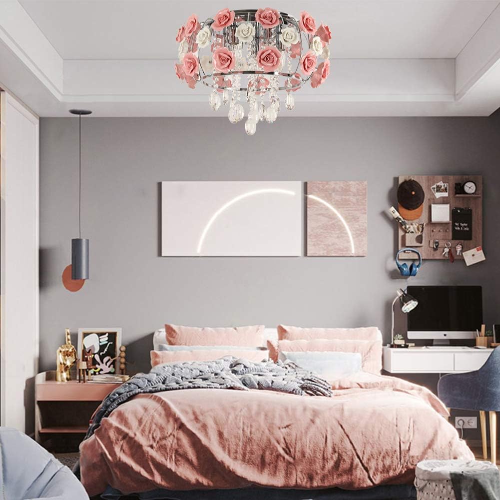 19.5inch Crystal Ceiling Light Fixtures Flush Mount Ceramic Rose Flowers, Chandelier Pendant Lighting with 5-Light E12 Socket for Living/Dining Room Bedroom Girl Room