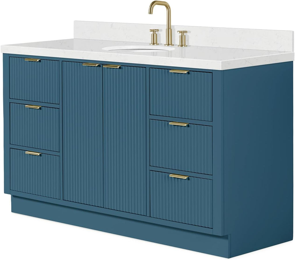 ARIEL Milan 60-inch Bathroom Vanity with Sink,Solid Wood, 1.5-inch Carrara White Quartz Countertop, Single Oval Porcelain Sink, Soft Closing Doors, Dovetail Drawers, Vintage Blue