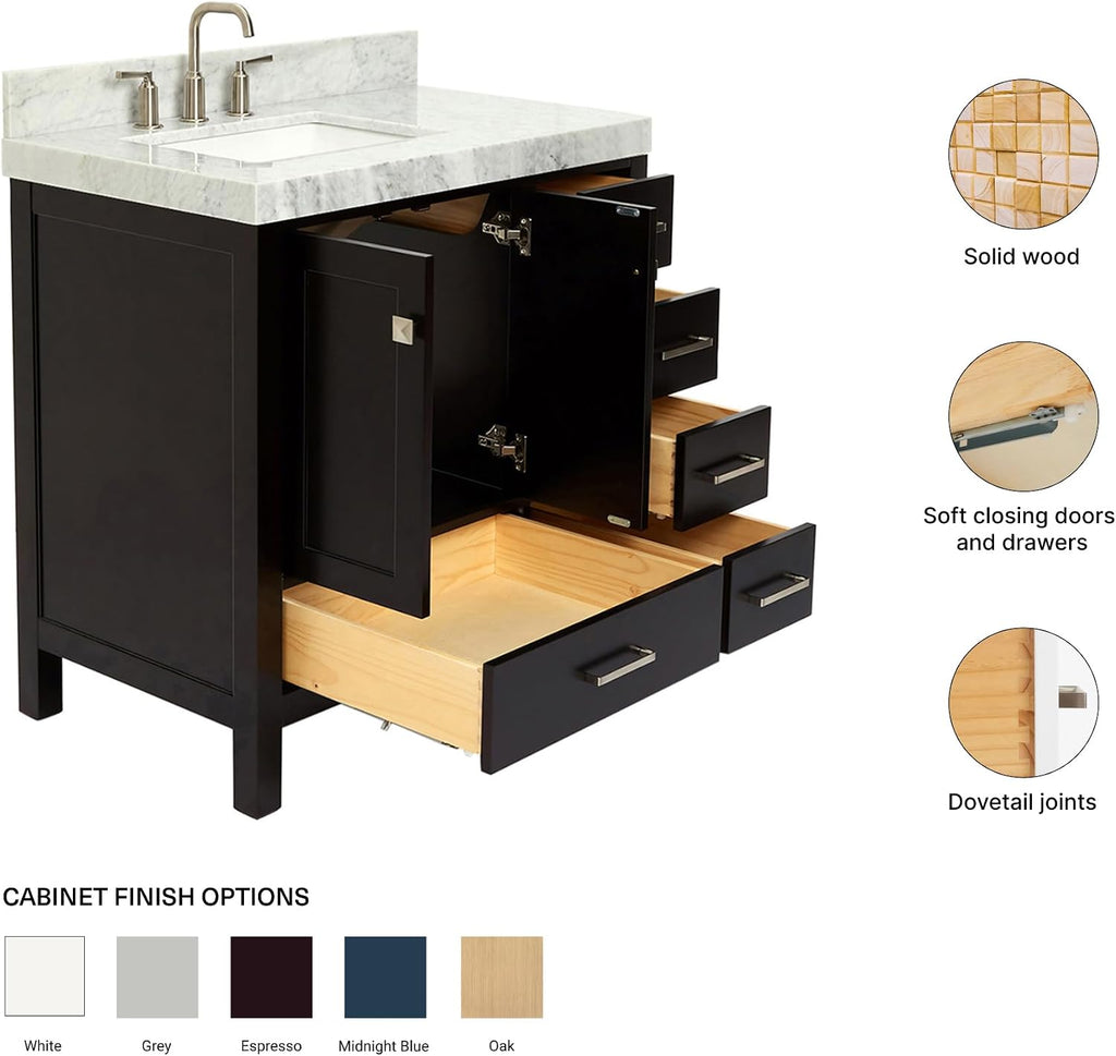 ARIEL Cambridge 36-inch Bathroom Vanity with Sink,Solid Wood, 2-inch Italian Carrara Marble Countertop, Single Rectangular Porcelain Sink, 2 Soft Closing Doors, 5 Dovetail Drawers, Espresso