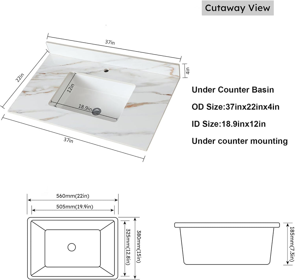 37 in Vanity Top with Sink, Marble Bathroom Vanity Top with 4' Backsplash, Pre-Drilled Faucet Single Holes, Undermount Rectangular Middle Sink, Sintered Stone Vanity Tops (Cabinet Not Included)