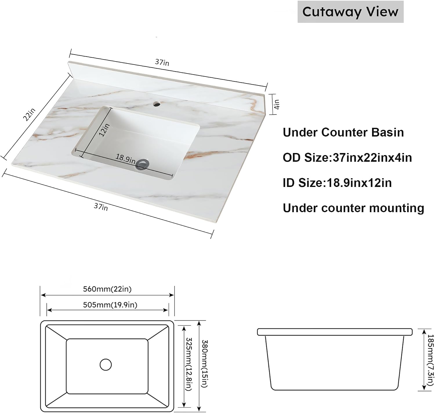 37 in Vanity Top with Sink, Marble Bathroom Vanity Top with 4' Backsplash, Pre-Drilled Faucet Single Holes, Undermount Rectangular Middle Sink, Sintered Stone Vanity Tops (Cabinet Not Included)