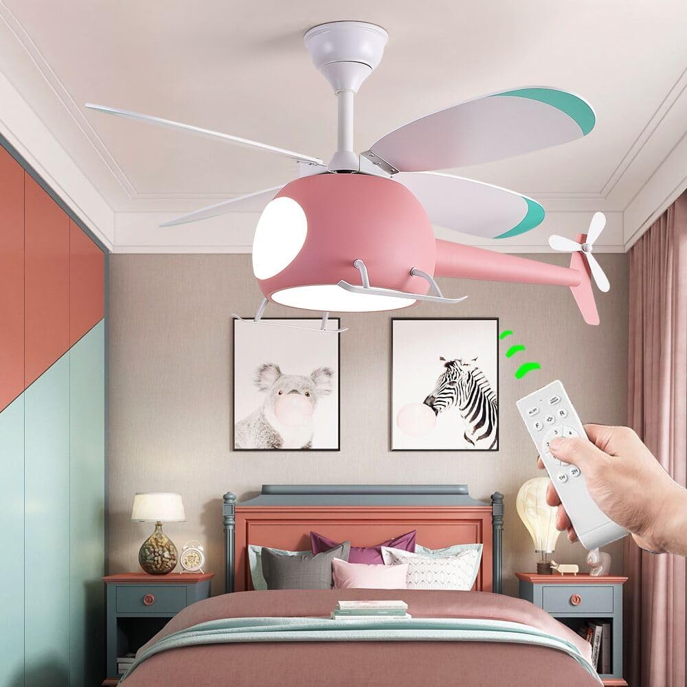 Kids Room Ceiling Fan with lights,Remote control speed,Dimmable Children's Bedroom Cartoon Ceiling Fan Lamp,Helicopter Model&Teddy Bear Model Options Pink