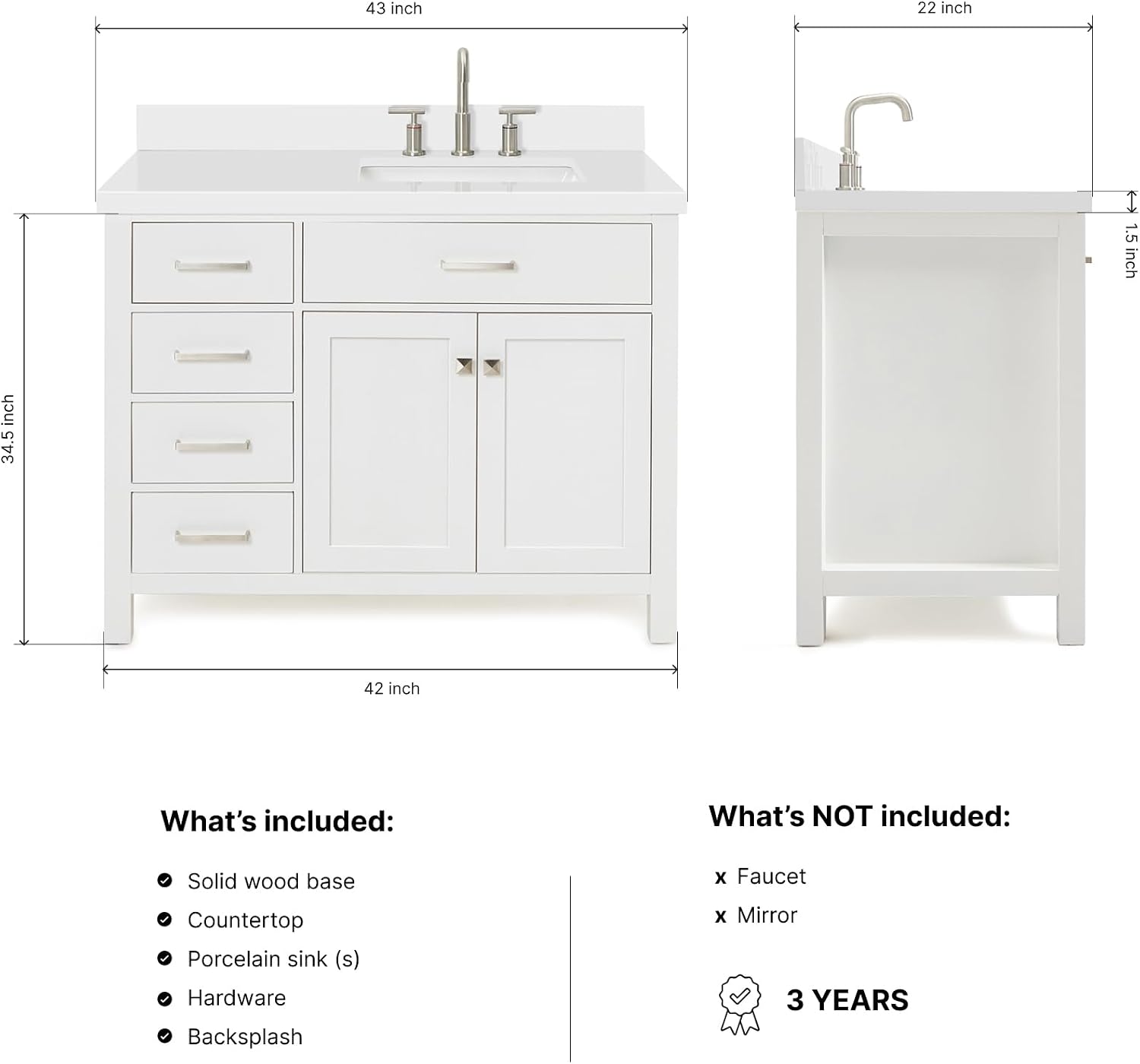 DKB Alenza 42-Inch White Single Bathroom Vanity with Right Rectangular Sink, 1.5' Pure White Quartz Countertop, 2 Soft Closing Doors, 4 Full Extension Dovetail Drawers, Polished Chrome