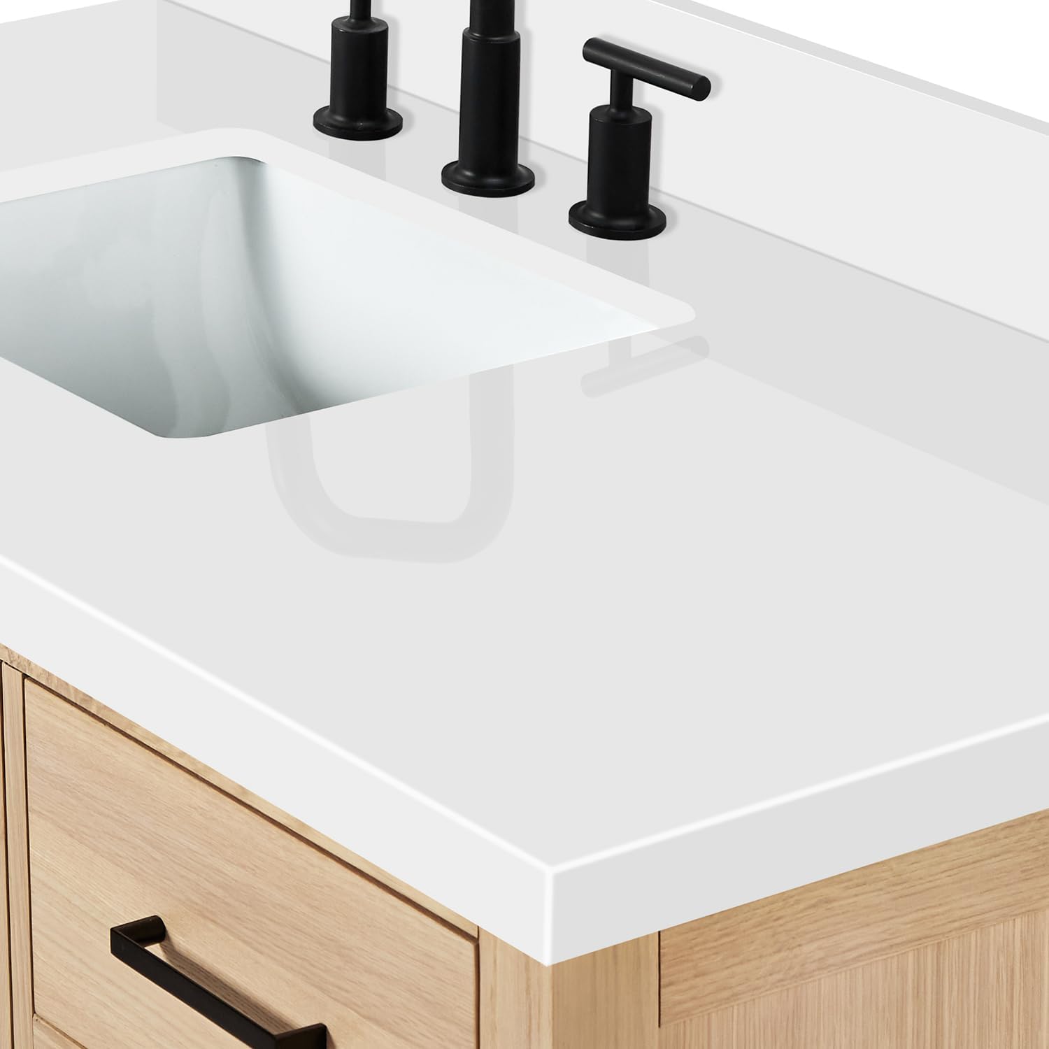 ARIEL Cambridge 42-Inch Oak Bathroom Vanity with Sink, Pure White Quartz Countertop 1.5' Miter Edge & 4' Backsplash, Porcelain Sink, Soft Closing Door & Drawer, Matte Black Hardware
