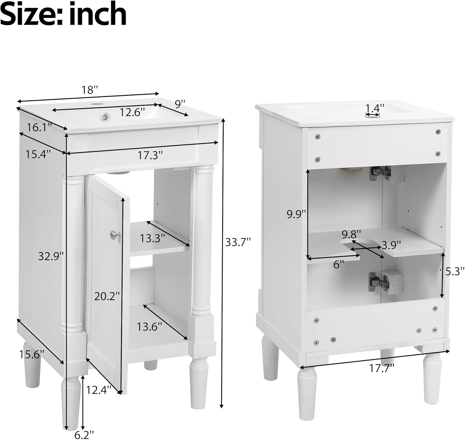 VilroCaz Modern 18'' Bathroom Vanity with Top Sink, Freestanding Bathroom Storage Cabinet with Door and Adjustable Shelf, Single Sink Cabinet with Nordic Style Legs (White-Right-Open)