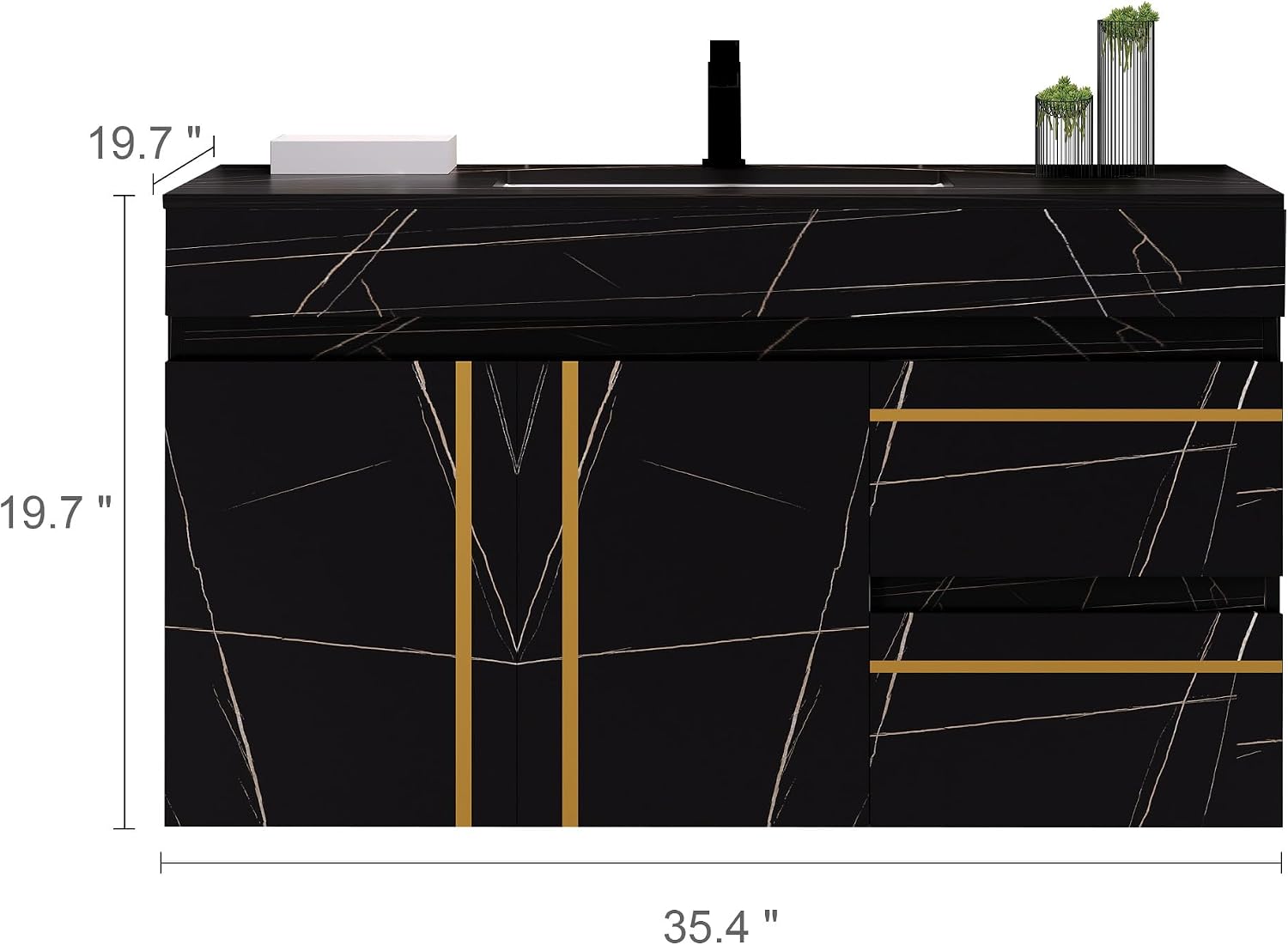 36 inch Bathroom Vanity with Ceramic Sink and Sinter Stone Marble Counter Top Modern Black Wall Mounted Floating Bathroom Sink Cabinet with 2 Drawers, 1 Cupboard and Gold Metal