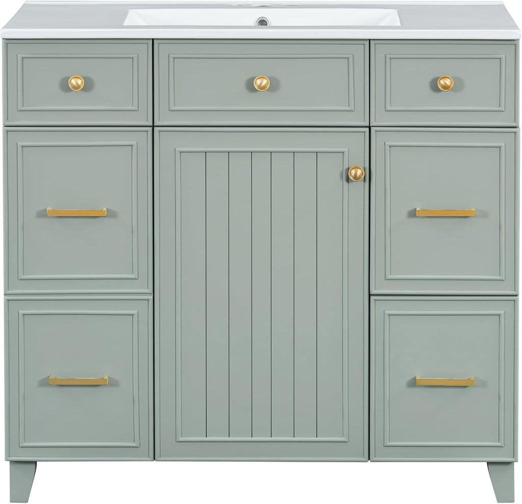 36' Bathroom Vanity with Ceramic Sink Countertop 1 Soft Close Doors 4 Drawers Adjustable Shelves Undermount Vanity with Storage (Green)