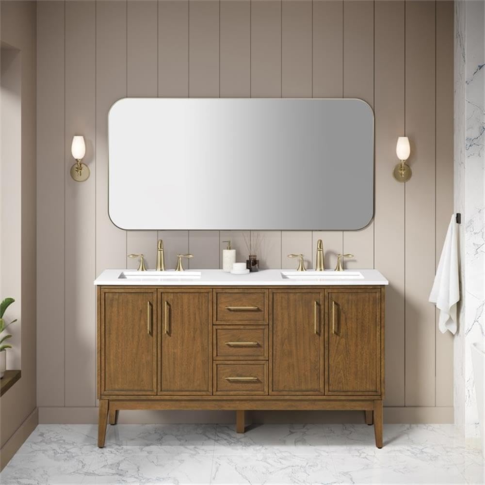 Pemberly Row 60' Bathroom Vanity, Warm Walnut Finish, White Engineered Stone Countertop, Double Undermount Sinks, Solid Wood Frame, Ample Storage, Premium Hardware, Modern Style for Master Bathrooms